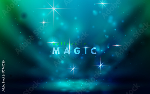 Abstract studio stage with spotlight, glowing sparkles and fog (smoke). Magic, mystical background, glittering and shiny