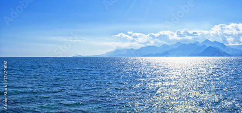 Panoramic view on Mediterranean Sea and mountains from a harbor in old town Kaleici. Antalya, Turkey