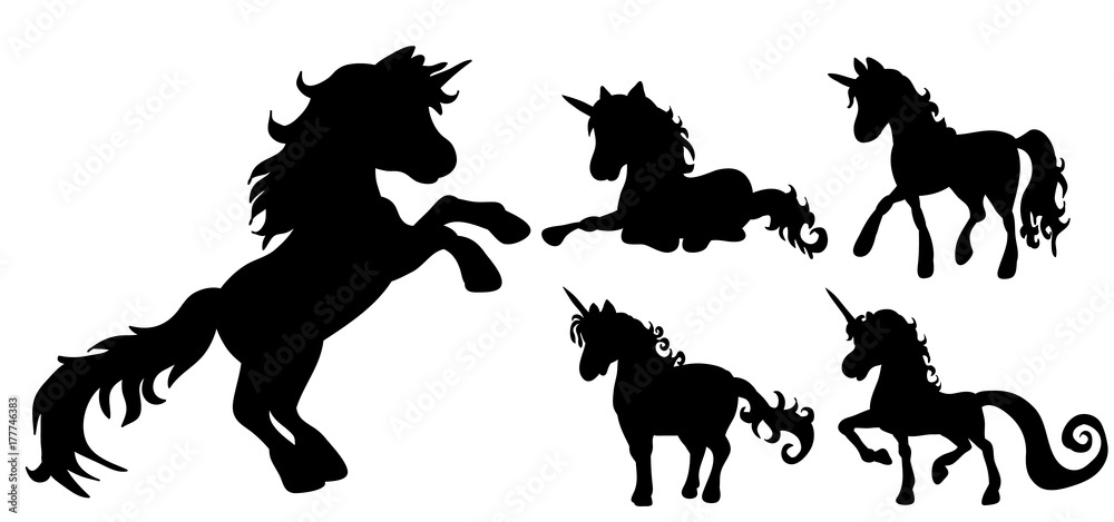 vector, unicorn silhouette set