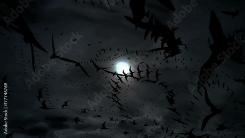 Creepy bird swarm under moon, dark Halloween background abstract