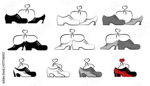 Set of man and woman shoes tied with laces.