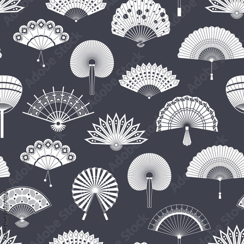 Hand paper fan vector seamless pattern. Chinese or japanese beautiful fans isolated. Black and white asian souvenir fans illustration. Flat style.