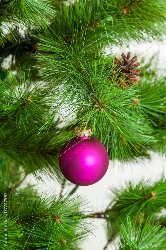 Christmas ball hanging on pine branches. christmas tree decoration Christmas ball hanging on pine branches. christmas tree decoration