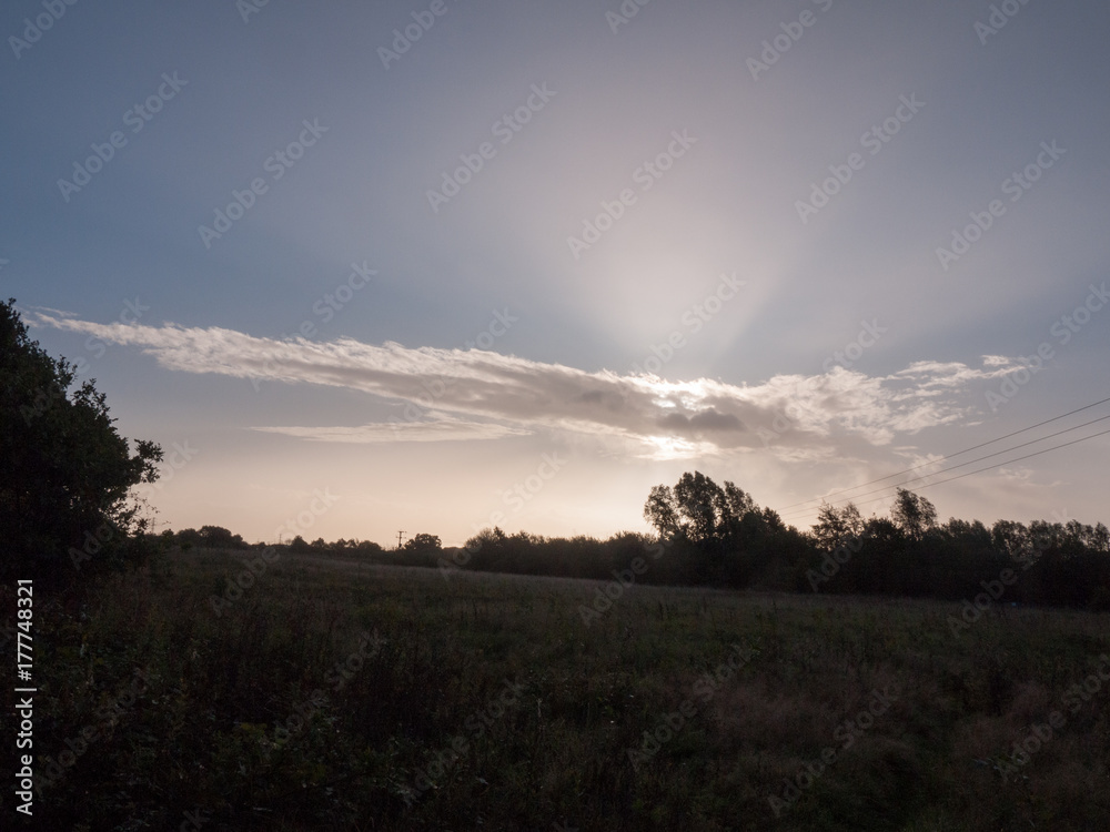 Fototapeta premium beautiful morning rising sun over field with trees through cloud streak