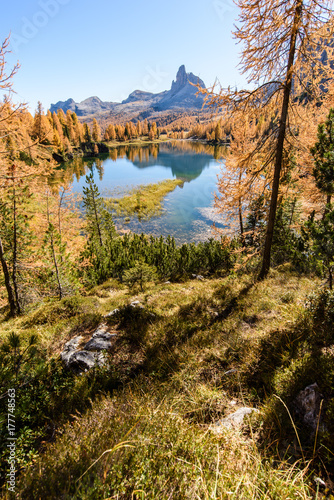 Lake Federa, Dolomites. Autumn colors and reflections