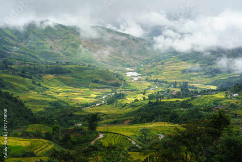 Terraced rice field landscape with low clouds in Y Ty, Bat Xat district, Lao Cai, north Vietnam