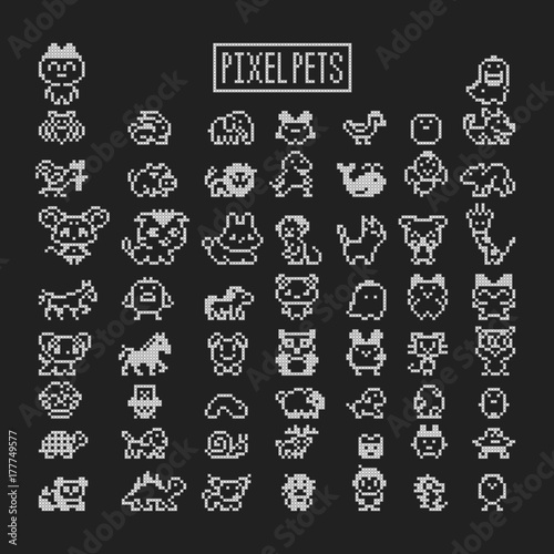 Collection of pixel animals like vintage personal game.