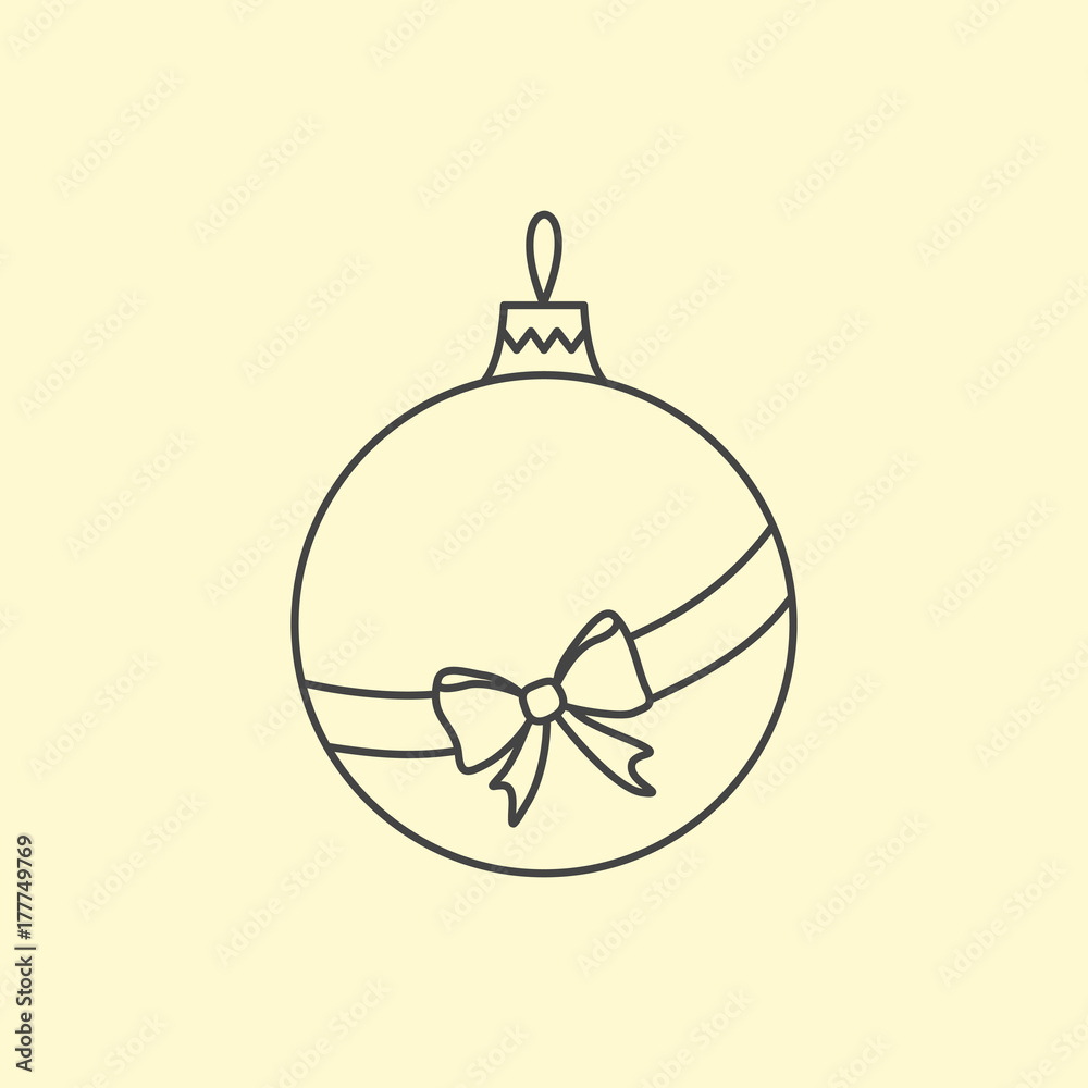 Fototapeta premium Vector simple Christmas tree ball with ribbon and bow. Line art design