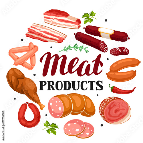 Background with meat products. Illustration of sausages, bacon and ham