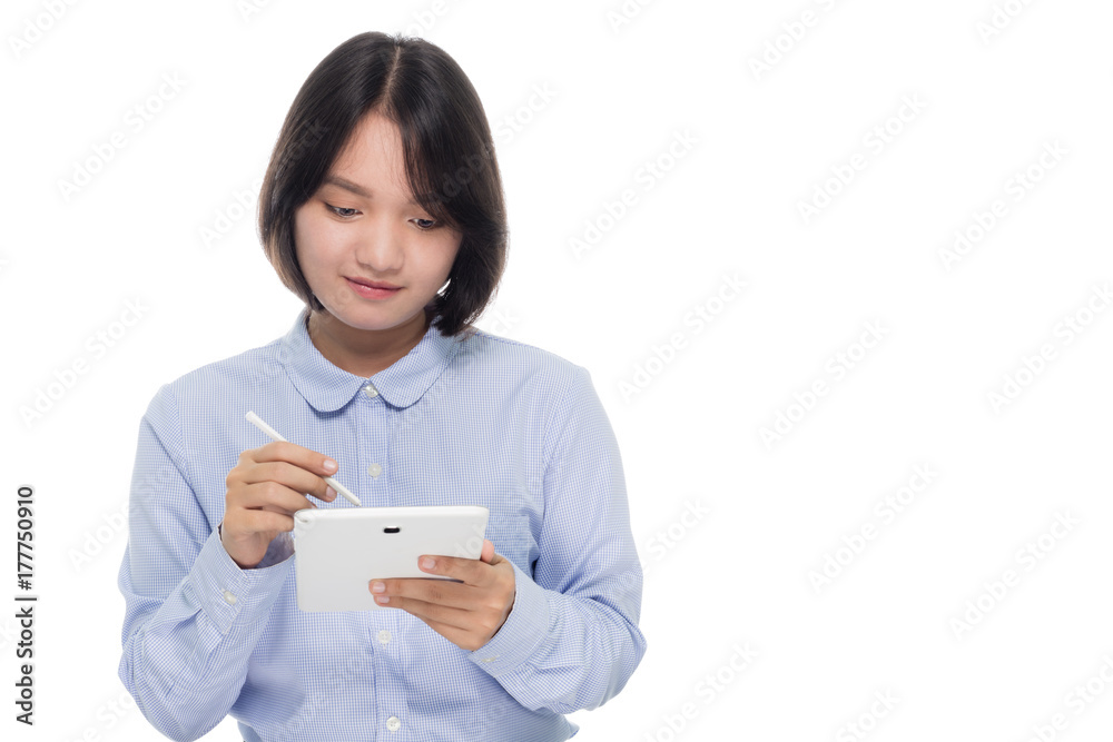 portrait of a beautiful asian businesswoman using tablet in the hands. Isolated on white background with copy space portrait of a beautiful asian businesswoman using tablet in the hands. Isolated on white background with copy space