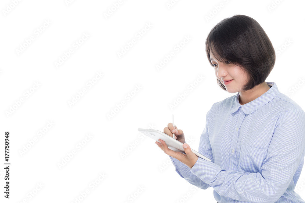 portrait of a beautiful asian businesswoman using tablet in the hands. Isolated on white background with copy space portrait of a beautiful asian businesswoman using tablet in the hands. Isolated on white background with copy space
