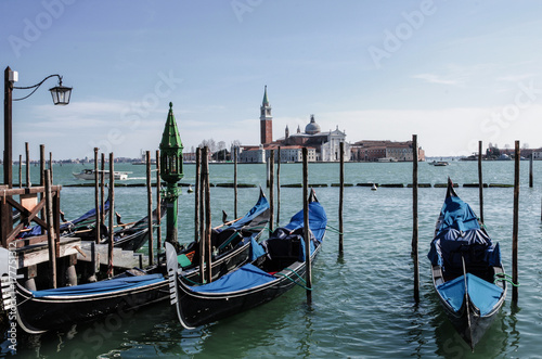 gondolas moored in Venice on the Canal Grande
