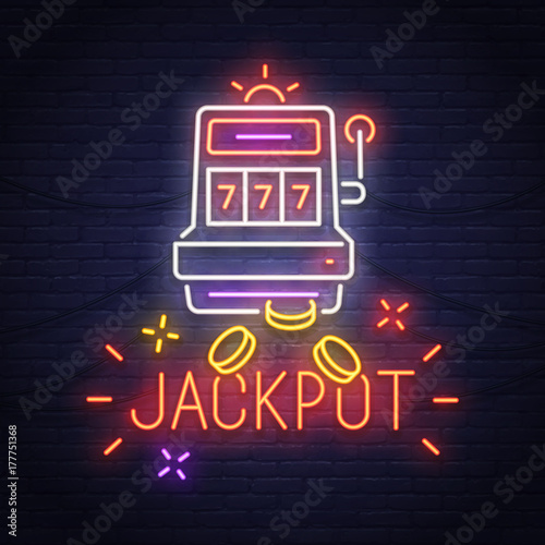 Casino neon sign. Slots. Jackpot. Neon sign, bright signboard, light banner.