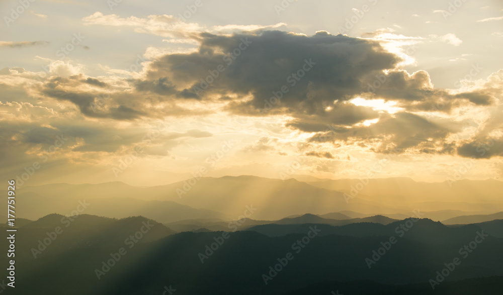 Scenic view of sunrise mountains layer evening at north thailand mountain range