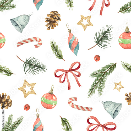 Watercolor vector Christmas seamless pattern with fir branches, gifts and cones.