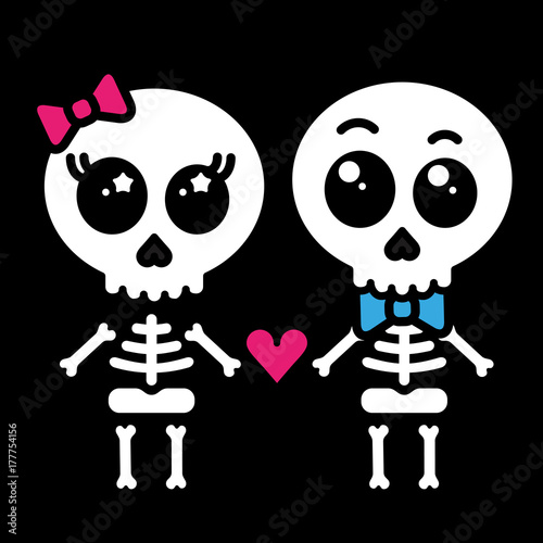 Cute kawaii skeleton love couple boy and girl