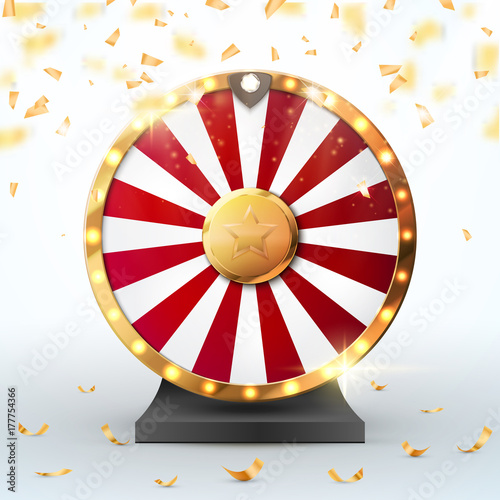 Colorful fortune wheel with confetti and lights. Vector illustration