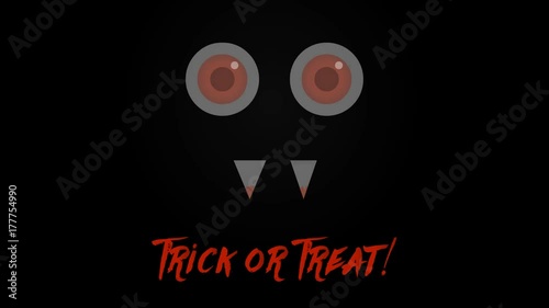Halloween video where first bloody red text in scary style Trick or Treat! appears and then the monster with red eyes and blood on his teeth appears from nowhere, black background