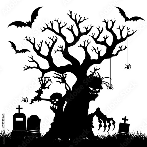 Halloween, Silhouette of a terrible bare tree without leaves in the cemetery, on white background,