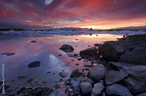 Beautiful sunset over glacial lake. Iceland