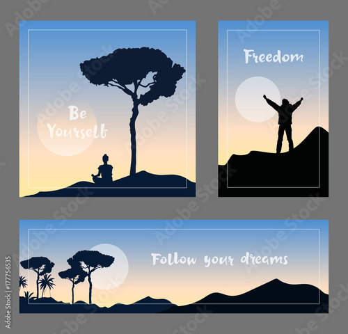 Set of amazing landscapes with female silhouette, hills and trees on the background of a sunrise. Vector banners with handwritten motivational phrases. Follow your dreams. Freedom. Be yourself.