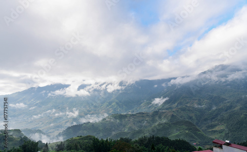 landscape view of rice terraces and beautiful mountains © kwanchaichaiudom