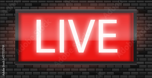 Live broadcast radio sign on black bricks wall background, vector illustration. Glowing red neon badge, studio warning board.