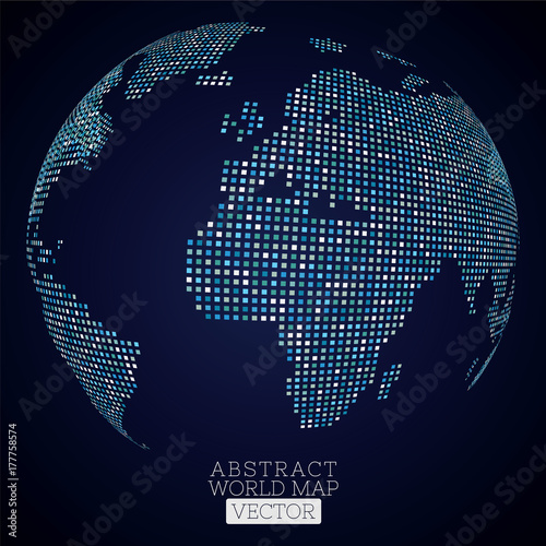 Pixel dot world map made from blue squares. Global technology concept