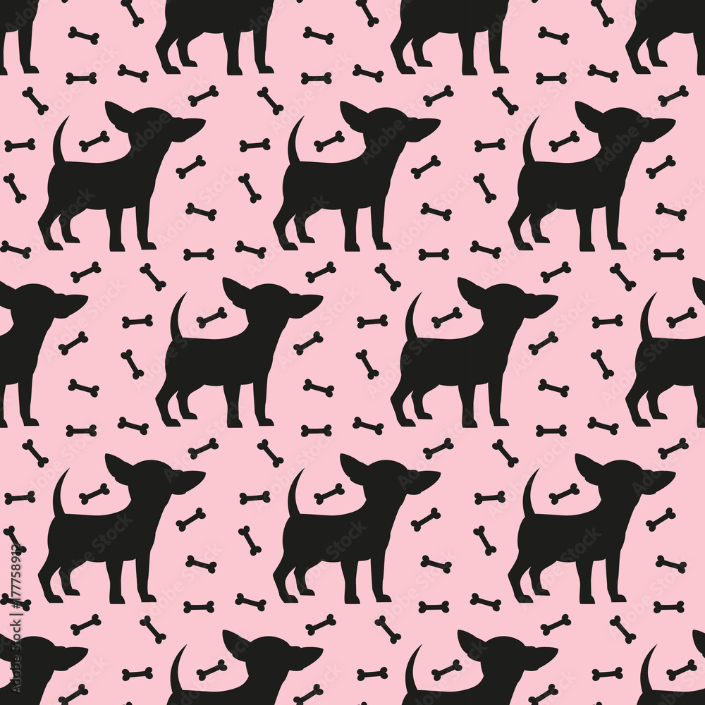 Seamless pattern with black silhouettes of chihuahua.