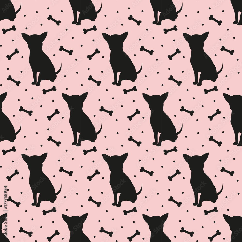 Seamless pattern with black silhouettes of chihuahua.