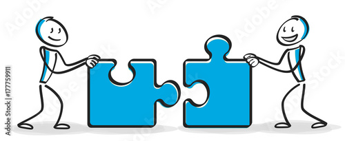 Strichmännchen Puzzle Teamarbeit blue