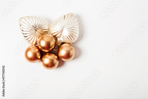 Christmas tree toys.White background.Top view.Flat lay.
