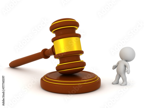 3D Character Looking Up at Large Wood and Gold Gavel