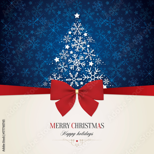 Christmas and New Year. Vector greeting card with red bow and Christmas tree
