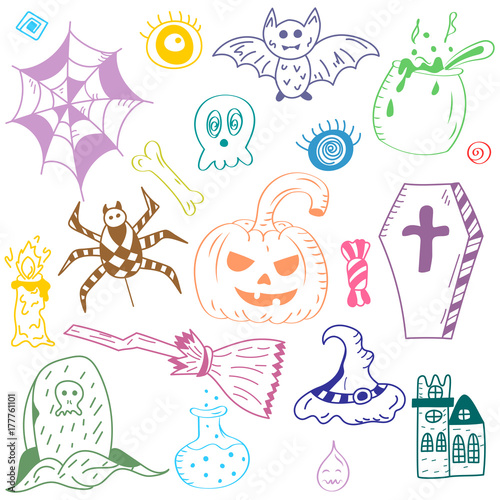Colorful Hand Drawn Halloween Symbols. Doodle Drawings of Bat, Pumpkin, Ghost, Spider, Grave isolated on White. Vector Illustration.