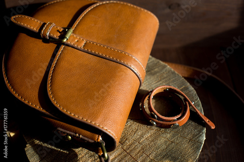 Women's accessories: a bag of genuine leather and a bracelet. Eco-style.