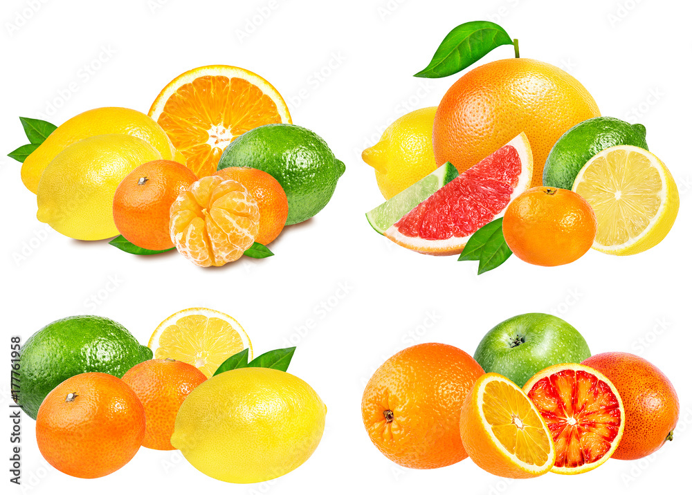 Various citrus fruits over white background