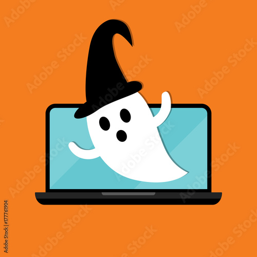 Halloween ghost, Notification pop up laptop computer ghost vector illustration.