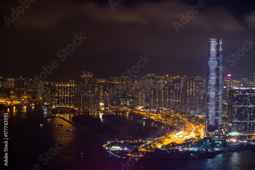 Canvas Print Hong Kong skyline, skyscraper cityscape and Victoria harbor at night