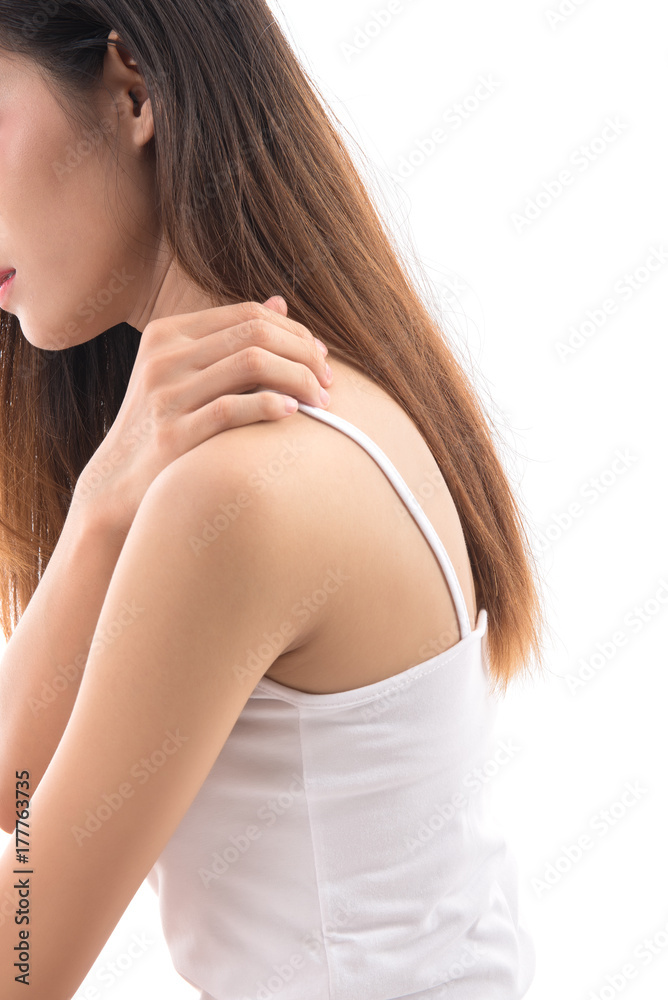 Naklejka premium Close up women scratch the itch with hand isolated on white background, Concept with Healthcare And Medicine.