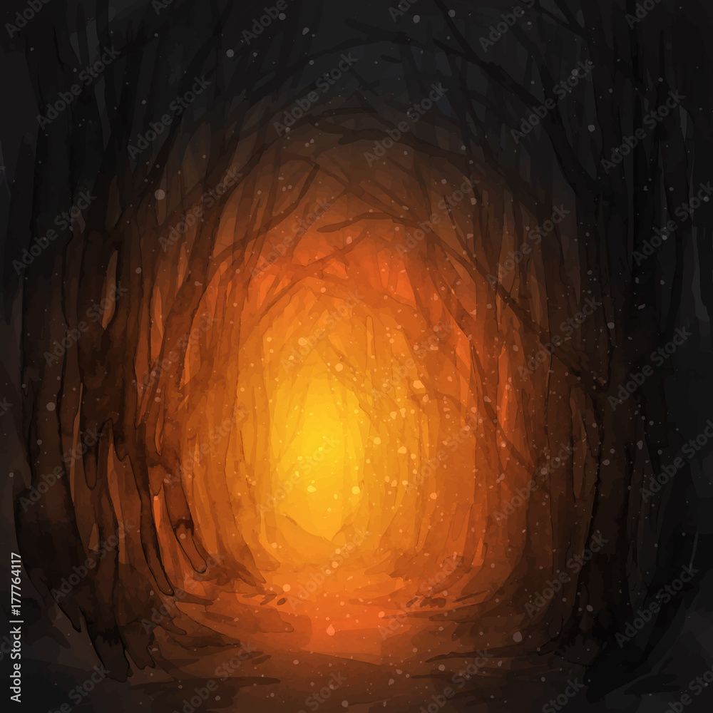 Obraz premium Woodland path. Ghostly forest trail, watercolor illustration. Old trees, enchanted forest, into the woods. Halloween vector background. Magic lights.