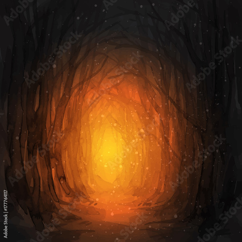 Woodland path. Ghostly forest trail, watercolor illustration. Old trees, enchanted forest, into the woods. Halloween vector background. Magic lights.