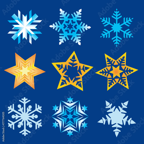Christmas snowflakes and stars. Set of nine abstract Christmas snowflakes and stars.Vector available. 