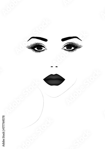 Beautiful woman face portrait, black and white vector illustration
