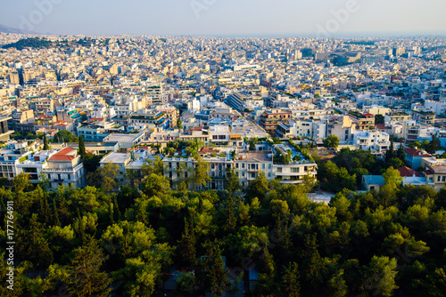 Panoramic view on Athens. Urbanization and city lifestyle.