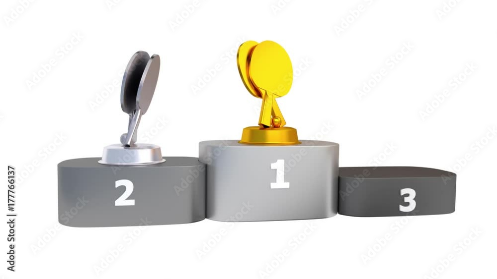 Table Tennis Podium with Gold Silver and Bronze Trophy Appearing Table Tennis Podium with Gold Silver and Bronze Trophy Appearing