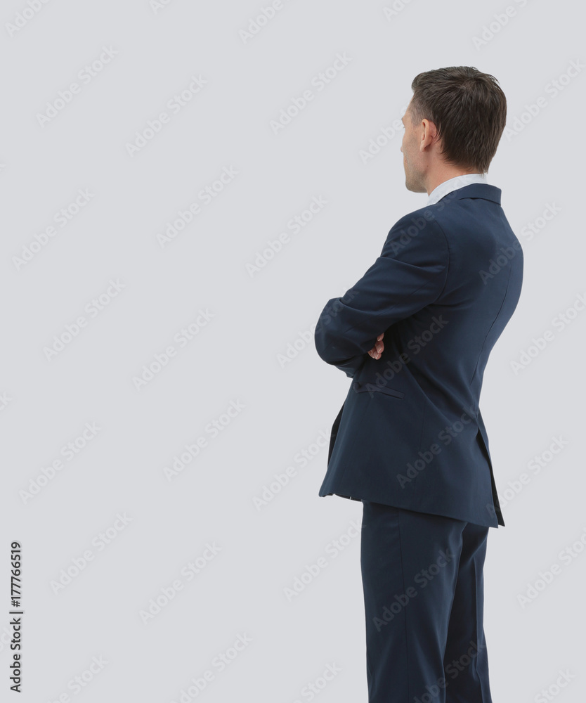 Side view of a smiling businessman, On white background Side view of a smiling businessman, On white background
