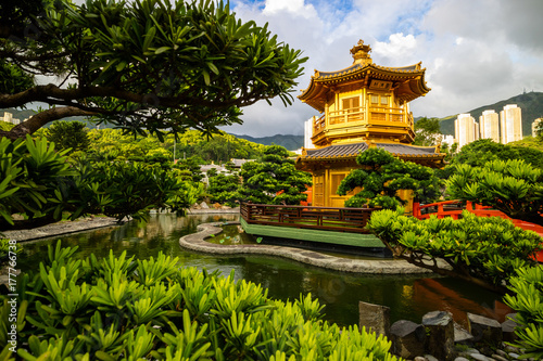 Photography Nan Lian garden with golden pavilion, Hong Kong