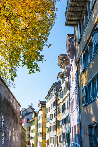 Fototapeta Naklejka Na Ścianę i Meble -  Zurich old town. Zurich old town. A narrow street in the upper town. Traditional vintage houses. Autumn.