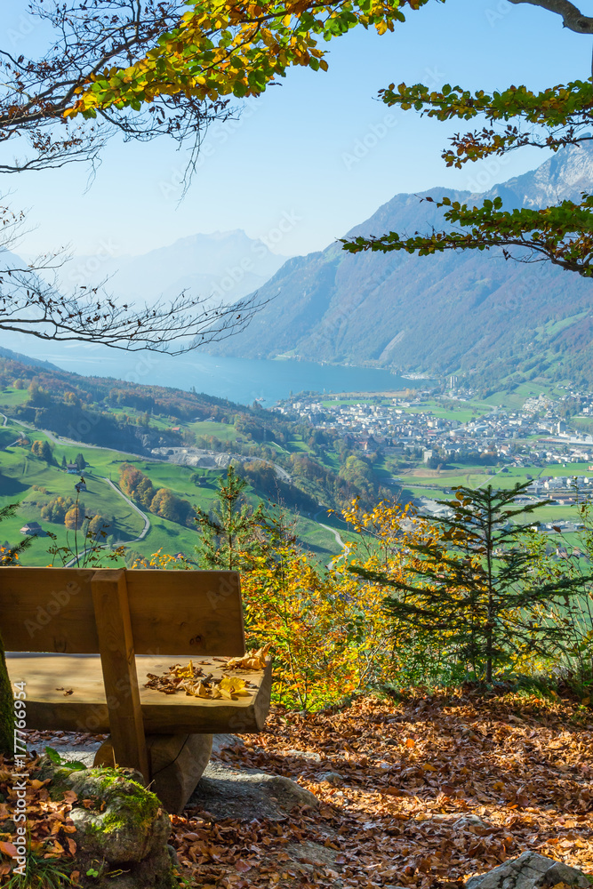 mountain landscape. Autumn. A bench with a view of a wide mountain landscape.